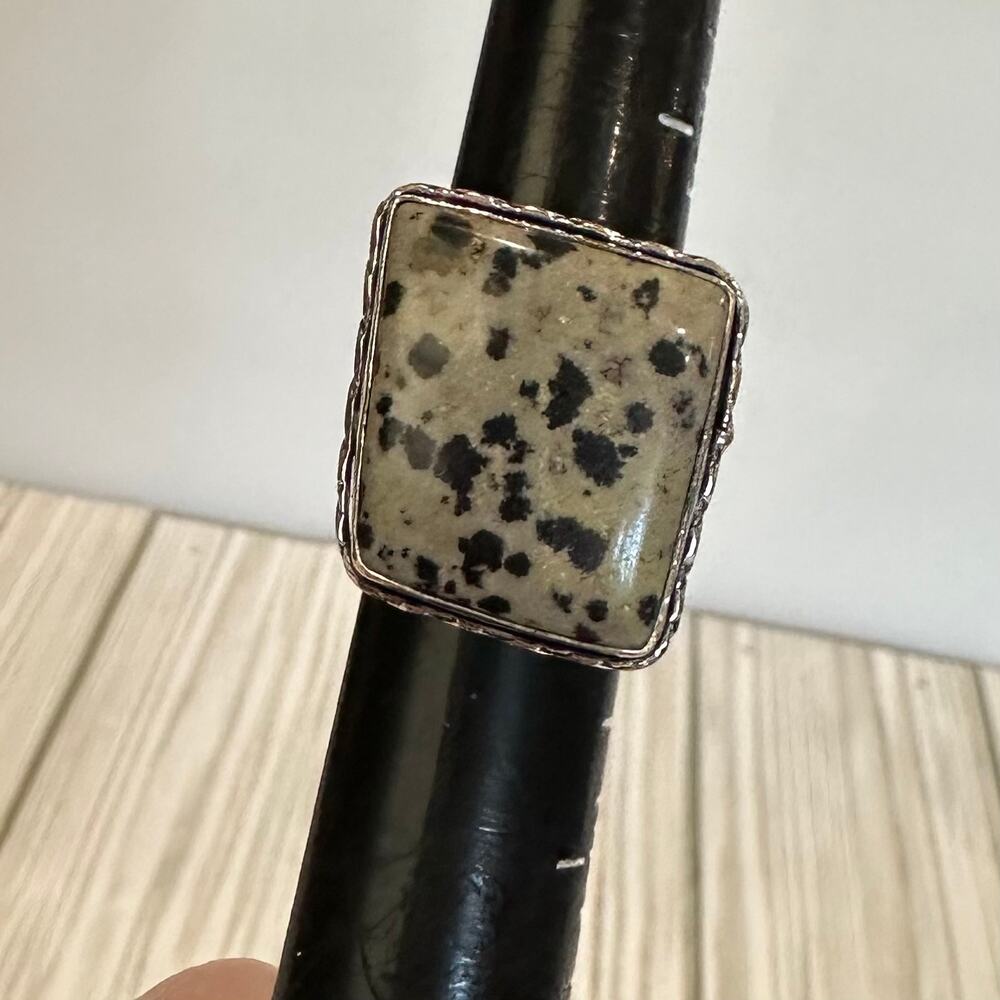 Geometric Dalmatian Jasper handmade ring stamped 925 silver overlay adjustable‎